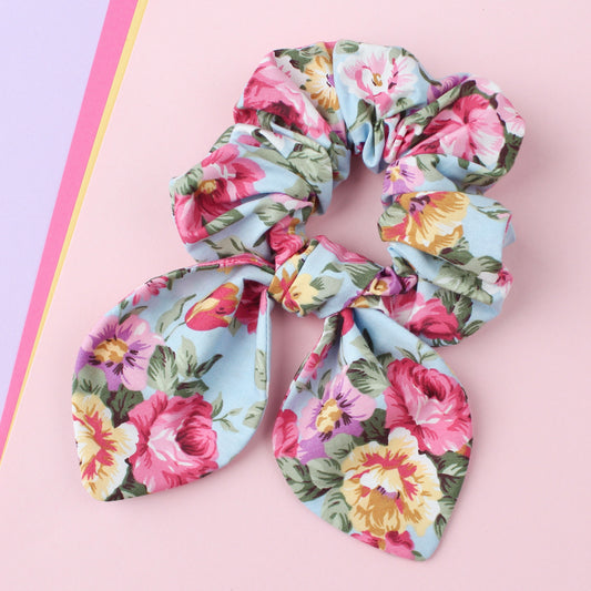 Blue Flowery - Giant Bow Scrunchie
