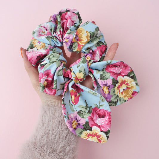 Blue Flowery - Giant Bow Scrunchie